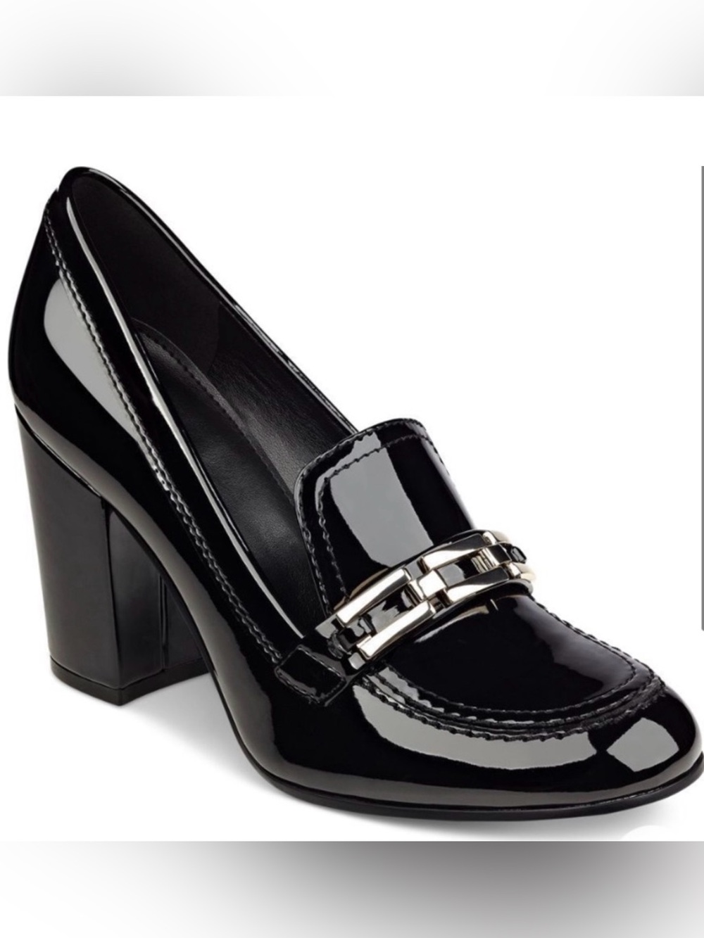 Marc Fisher Black Patent Loafer Block Heel with Silver Bit
